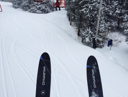 Mya's Dynastar Powder Skis out on a rare snow day at Sundown